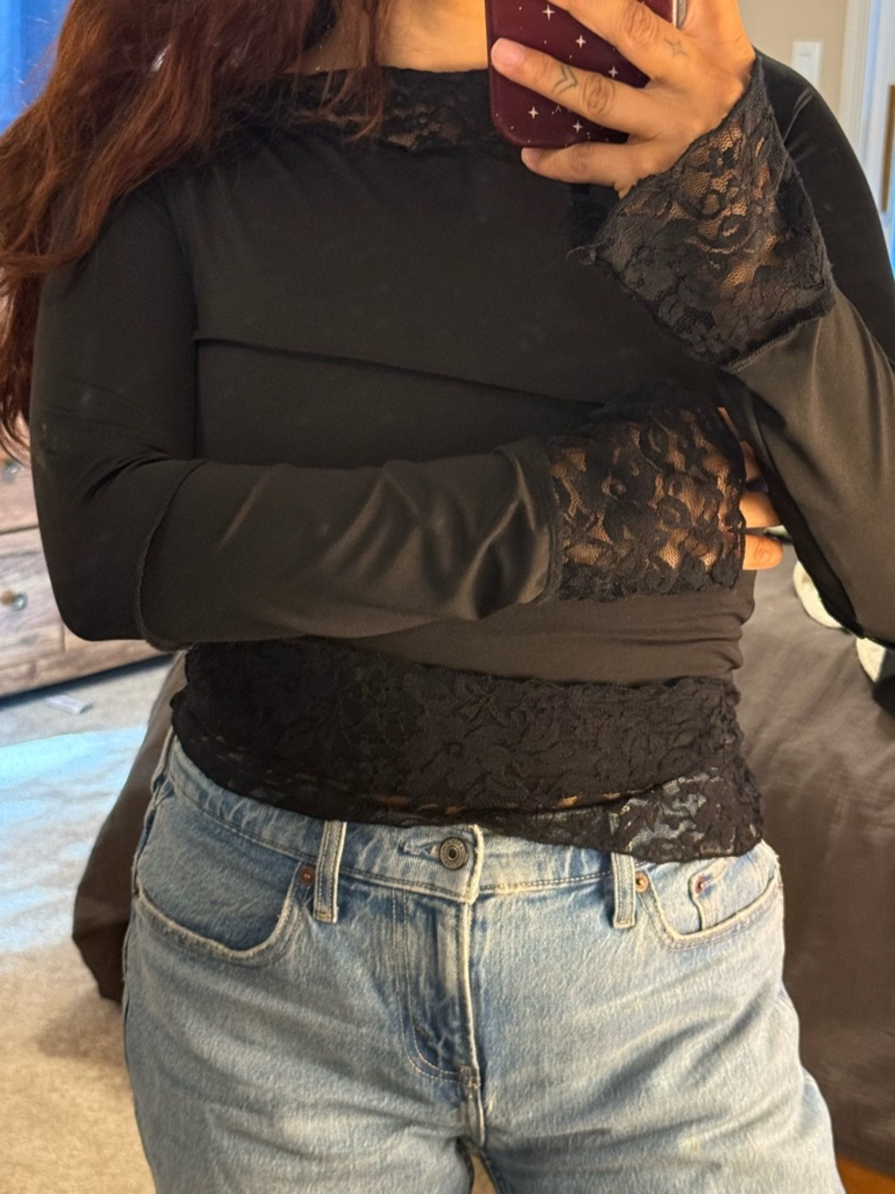 Black Lace-Trim Long Sleeve Women's Top